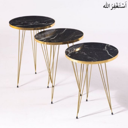 Set of 3 Round High Gloss Coffee Tables Modern Nesting End Metal Legs, Wood Accent