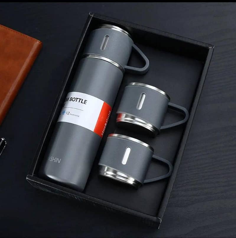 3 in 1 Stainless Steel Vacuum Flask Gift Set – 500ml Double Wall Thermos Bottle with Double Lids