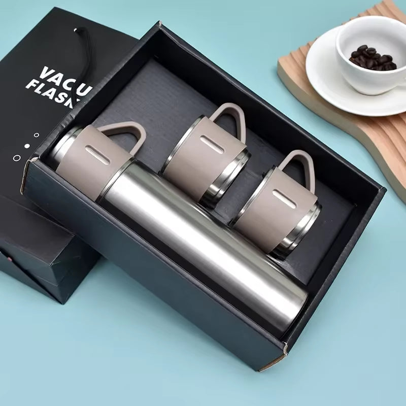 3 in 1 Stainless Steel Vacuum Flask Gift Set – 500ml Double Wall Thermos Bottle with Double Lids