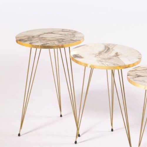 Set of 3 Round High Gloss Coffee Tables Modern Nesting End Metal Legs, Wood Accent