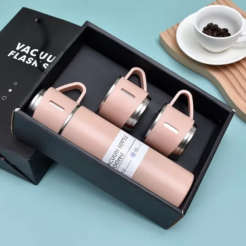 3 in 1 Stainless Steel Vacuum Flask Gift Set – 500ml Double Wall Thermos Bottle with Double Lids