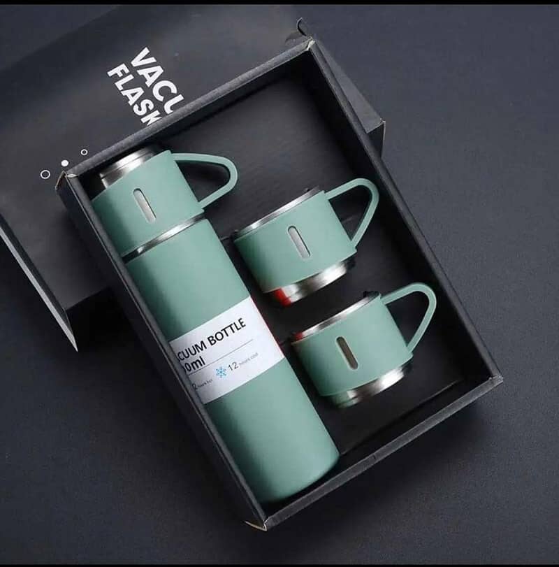 3 in 1 Stainless Steel Vacuum Flask Gift Set – 500ml Double Wall Thermos Bottle with Double Lids