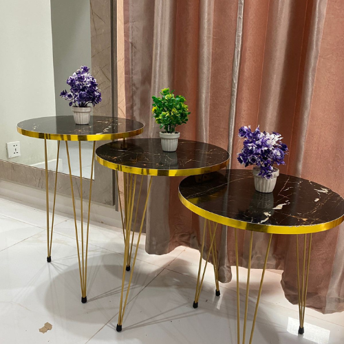 Set of 3 Round High Gloss Coffee Tables Modern Nesting End Metal Legs, Wood Accent