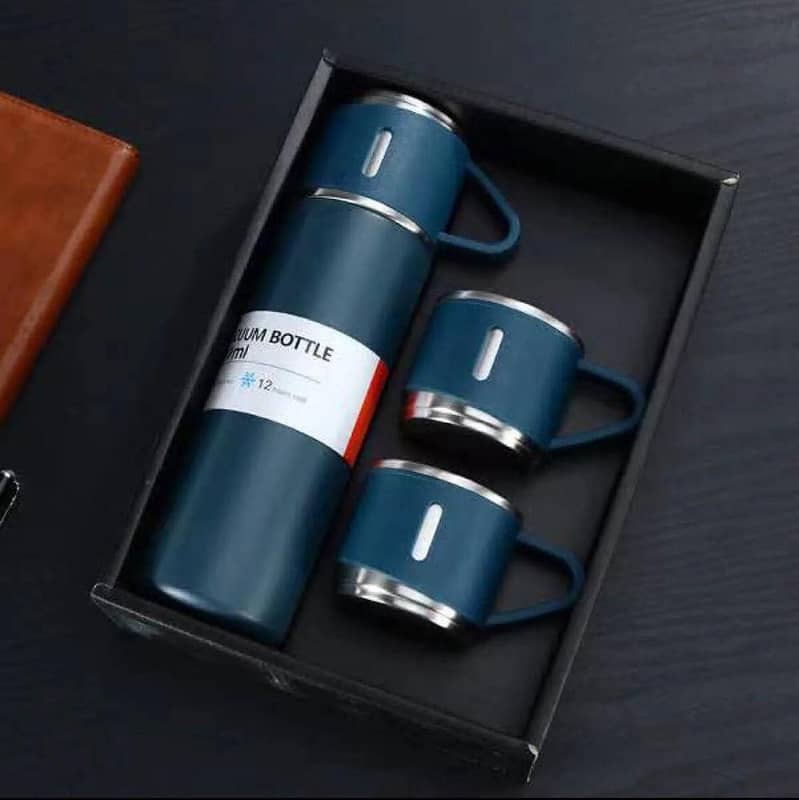 3 in 1 Stainless Steel Vacuum Flask Gift Set – 500ml Double Wall Thermos Bottle with Double Lids