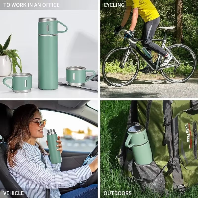 3 in 1 Stainless Steel Vacuum Flask Gift Set – 500ml Double Wall Thermos Bottle with Double Lids