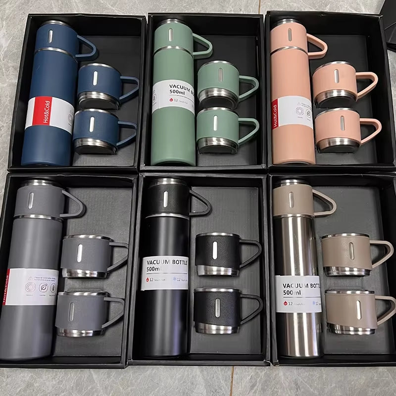 3 in 1 Stainless Steel Vacuum Flask Gift Set – 500ml Double Wall Thermos Bottle with Double Lids