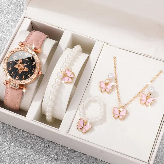 Pink Pearl Butterfly Watches for Women Fashion Rhinestone Casual Bracelet