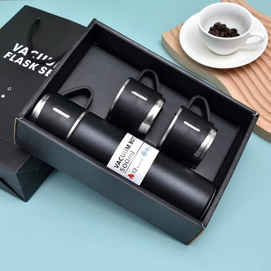 3 in 1 Stainless Steel Vacuum Flask Gift Set – 500ml Double Wall Thermos Bottle with Double Lids
