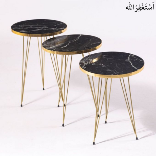 Set of 3 Round High Gloss Coffee Tables  Modern Nesting End  Metal Legs, Wood Accent